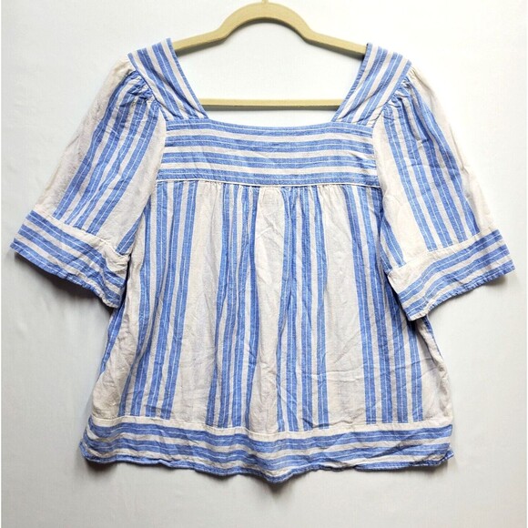 Linen Blend Cottagecore ‎ Top Blue White Stripe Medium - Picture 6 of 10